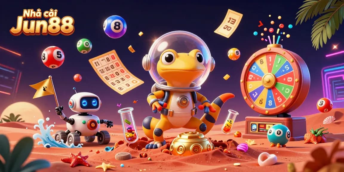 Experience the thrill of Nhà cái Jun88 with a Martian gecko discovering a golden casino in a vibrant, dynamic scene.