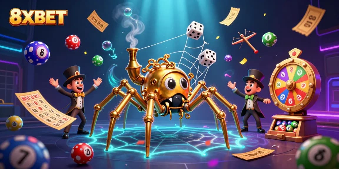 Experience dynamic games with 8XBET's vivid casino atmosphere filled with animated lottery elements.