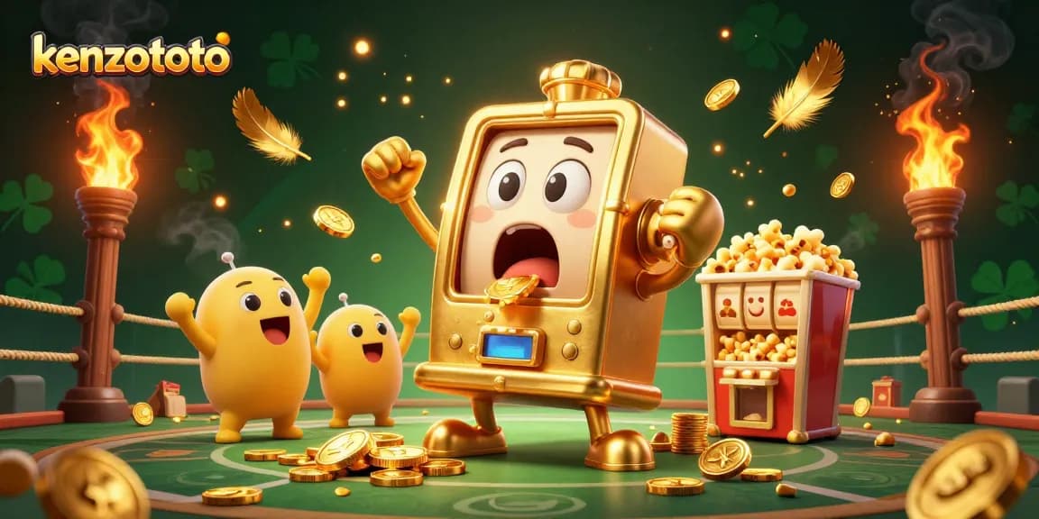 Kenzototo slot machine hits a jackpot, celebrating with coins and vibrant casino elements in a festive atmosphere.