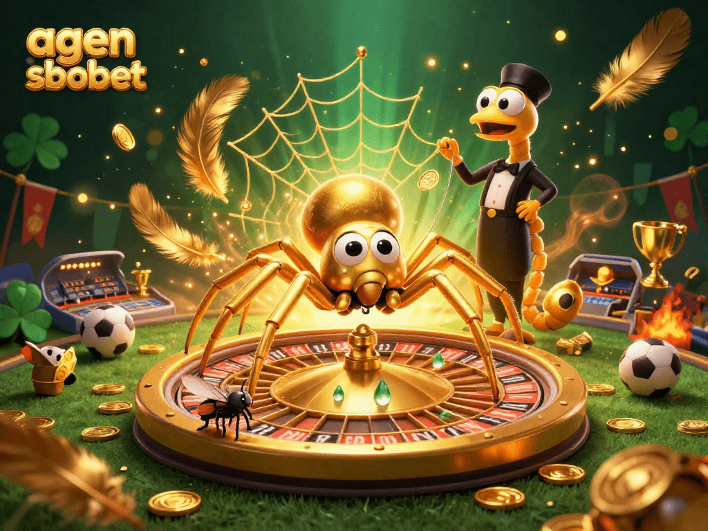 Bet with agen sbobet with excitement as a fly places bets beside a roulette wheel web spun by a golden spider.