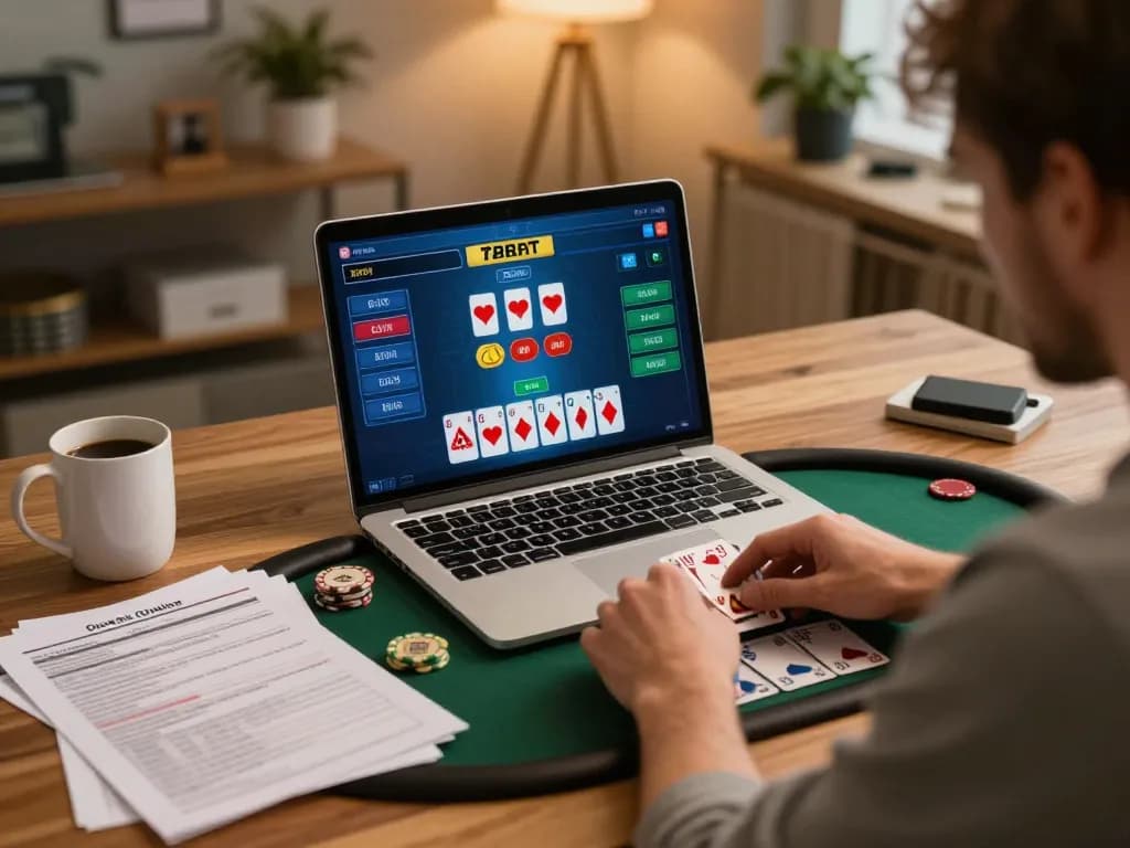 Playing poker online at Hi88 with strategic betting options visible on a laptop screen.