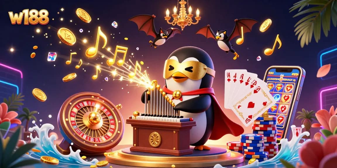 Experience the excitement of w188 with a cartoon penguin playing an organ shooting golden coins.