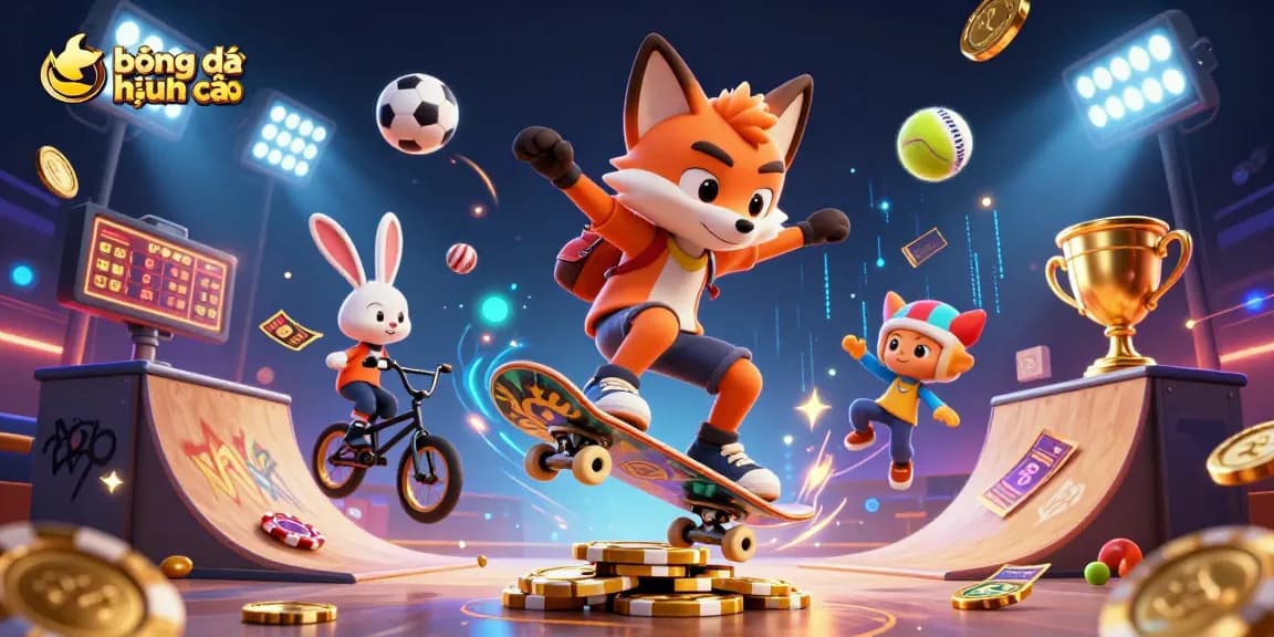 Bet on bóng đá kèo nhà cái with dynamic 3D illustration of skateboarding fox and BMX rabbit