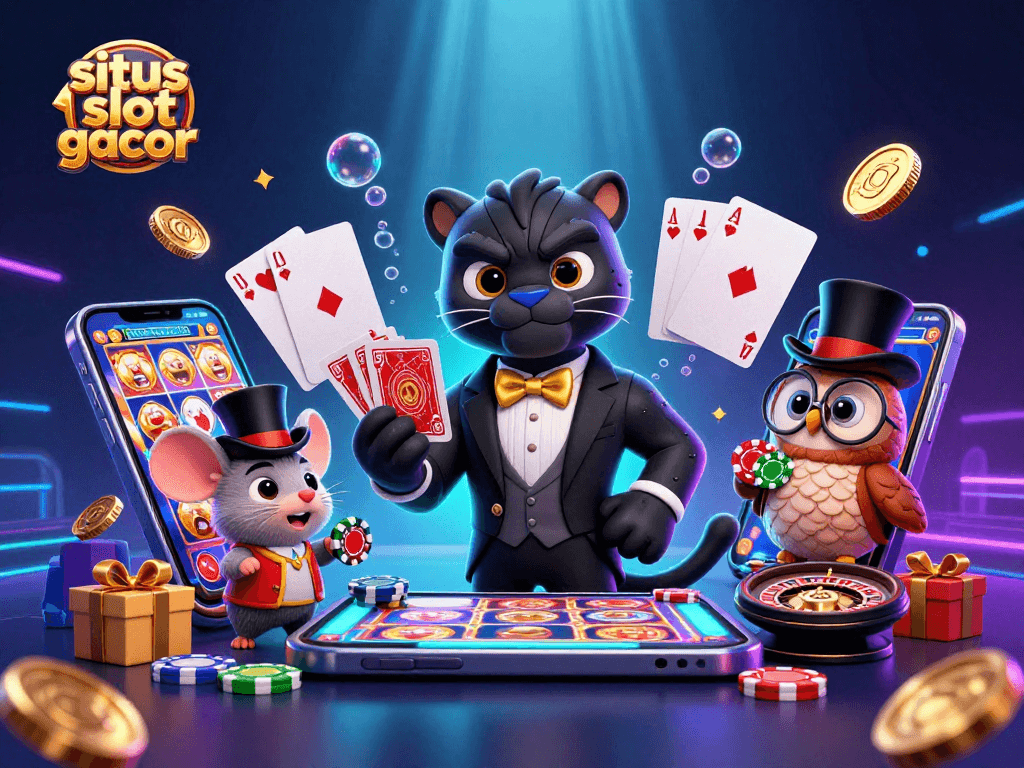 situs slot gacor featuring a stylish panther dealing cards alongside a winning owl and lucky mouse