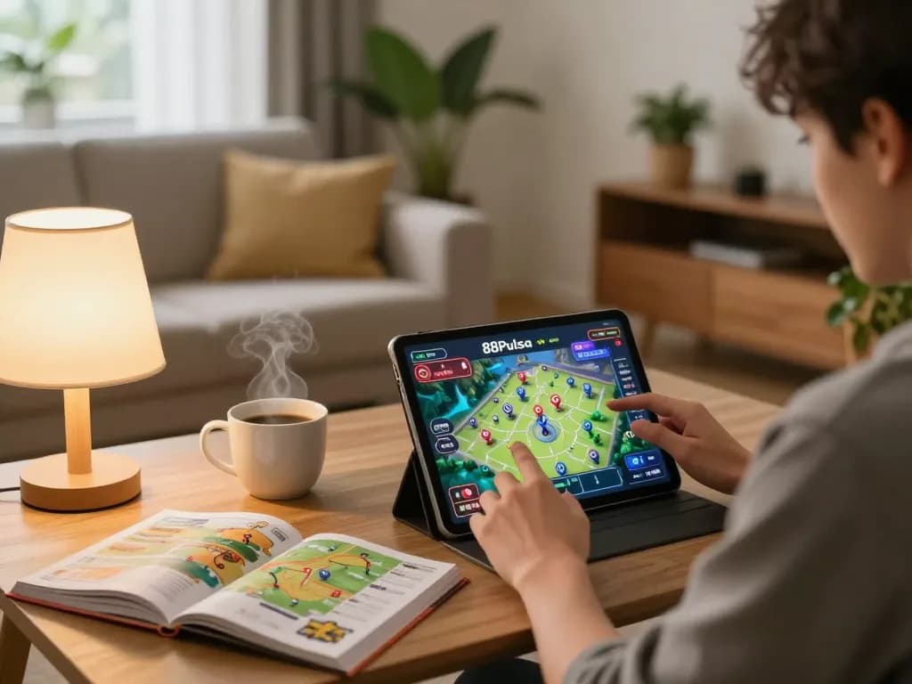 Pemain yang terlibat menikmati 88Pulsa di tablet di ruang tamu yang nyaman selama permainan strategis.