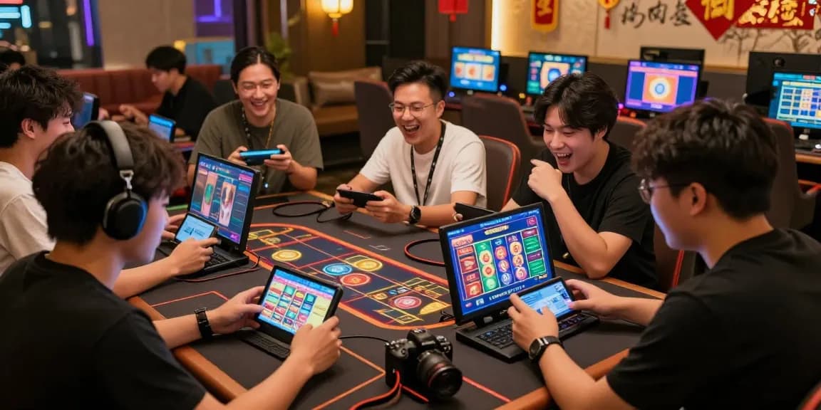 Players enjoying their time on the 68gamebai platform in a vibrant gaming lounge, showcasing mobile devices and a lively atmosphere.