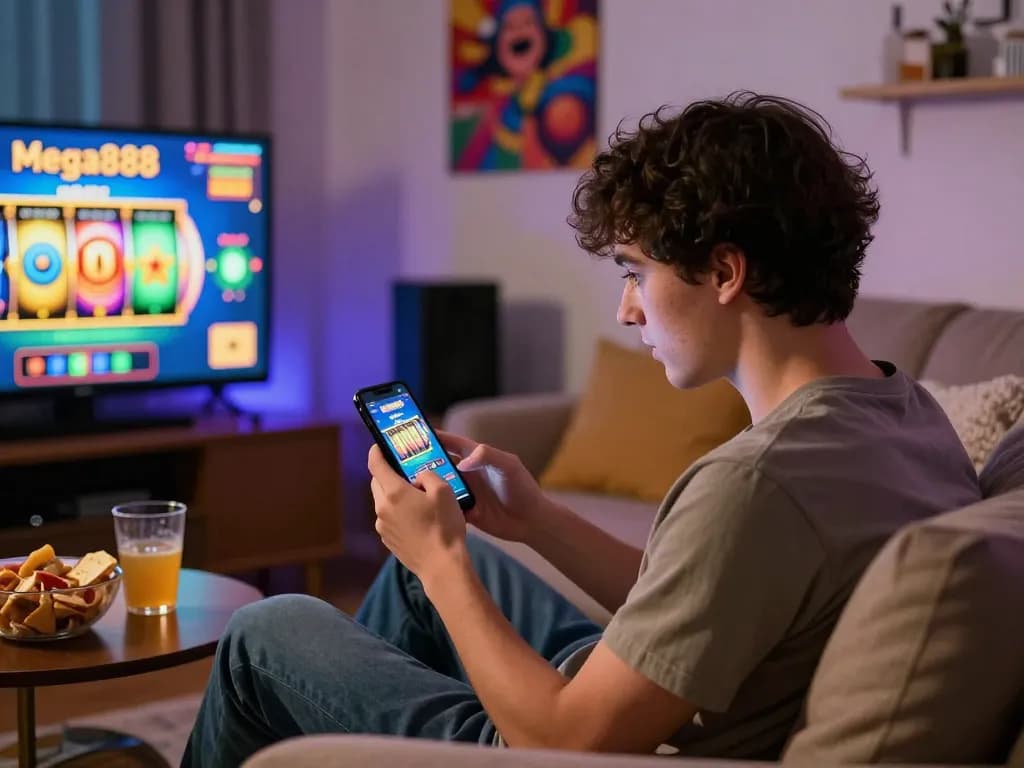 Player maximizing free credit mega888 on smartphone in vibrant gaming setup