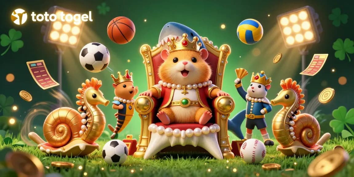 Engage with toto togel in this dynamic illustration featuring a hamster king, sports elements, and a lavish casino atmosphere.