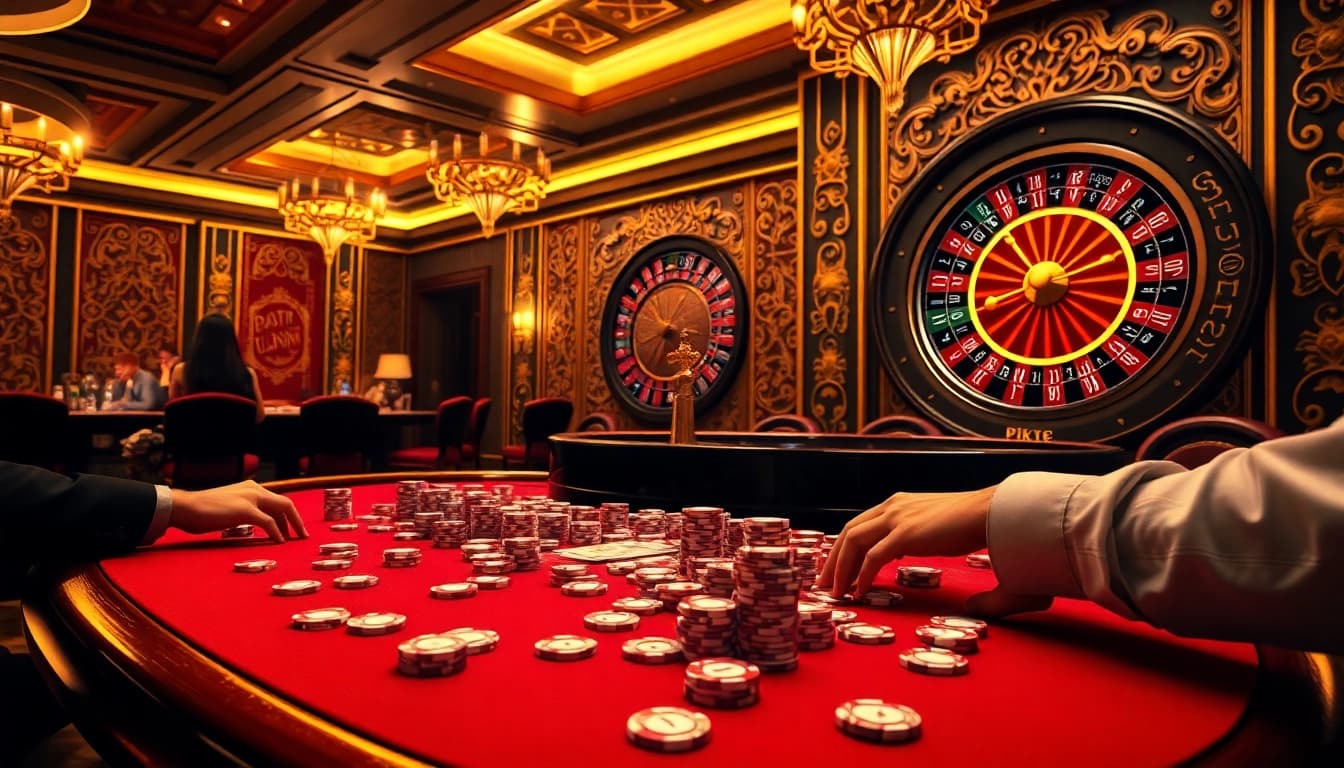 Rasakan sensasi datuk win di kasino mewah, menampilkan meja poker taruhan tinggi dan roda roulette.
