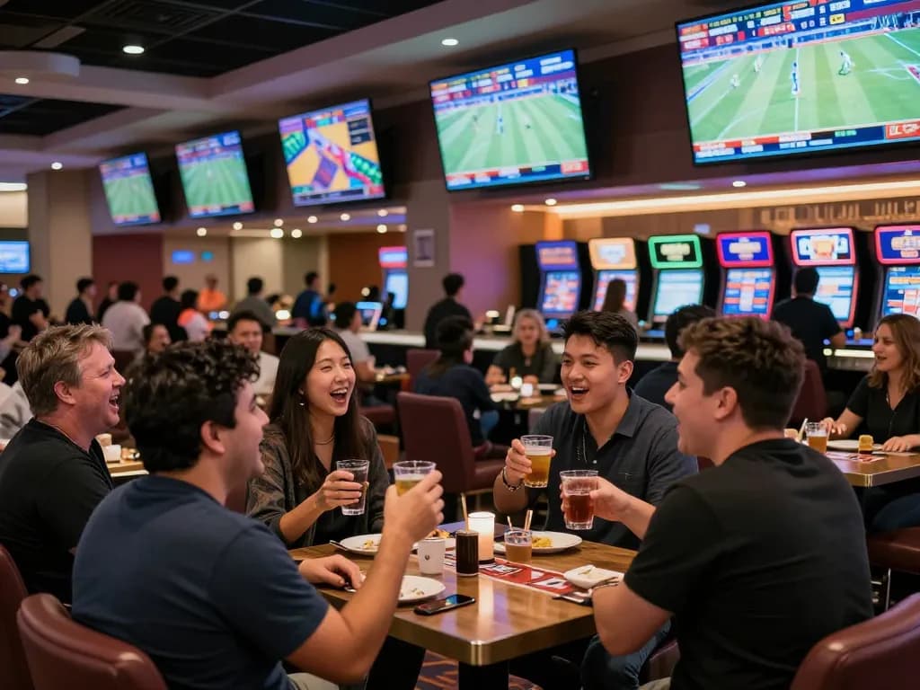 Exciting sports betting moment at Fun88 casino with patrons cheering for wins, showcasing vibrant atmosphere.