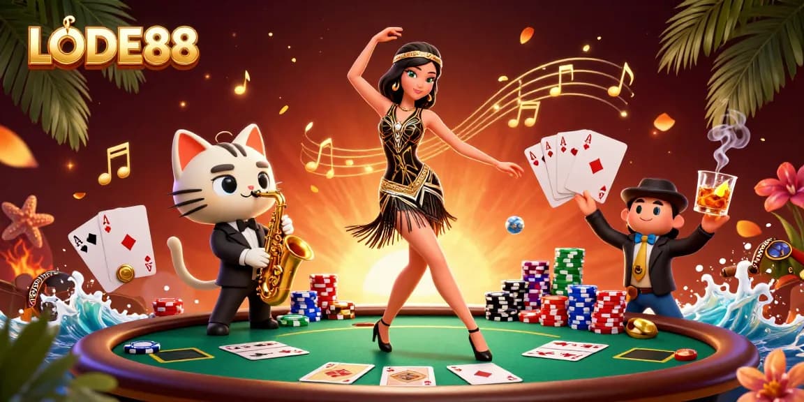 Engage in the excitement of LODE88 with a vibrant 3D casino scene showcasing gambling elements.