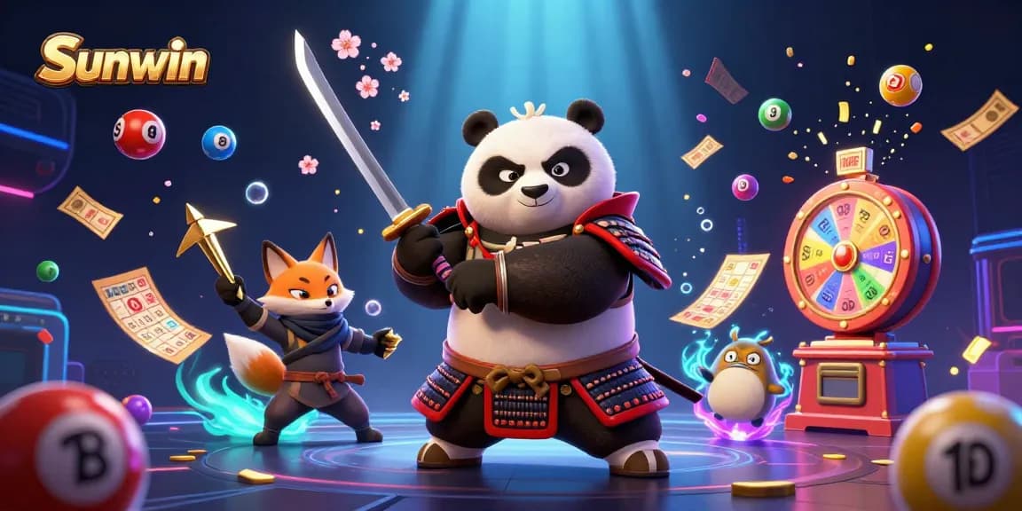 Sunwin features a samurai panda and ninja fox amidst colorful lottery elements, showcasing vibrant gaming excitement.