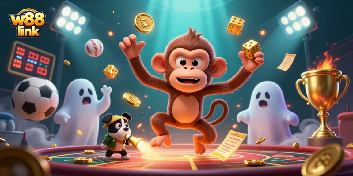 Experience thrilling sports betting with the w88 link in a vibrant casino illustration featuring excitement and winning possibilities.
