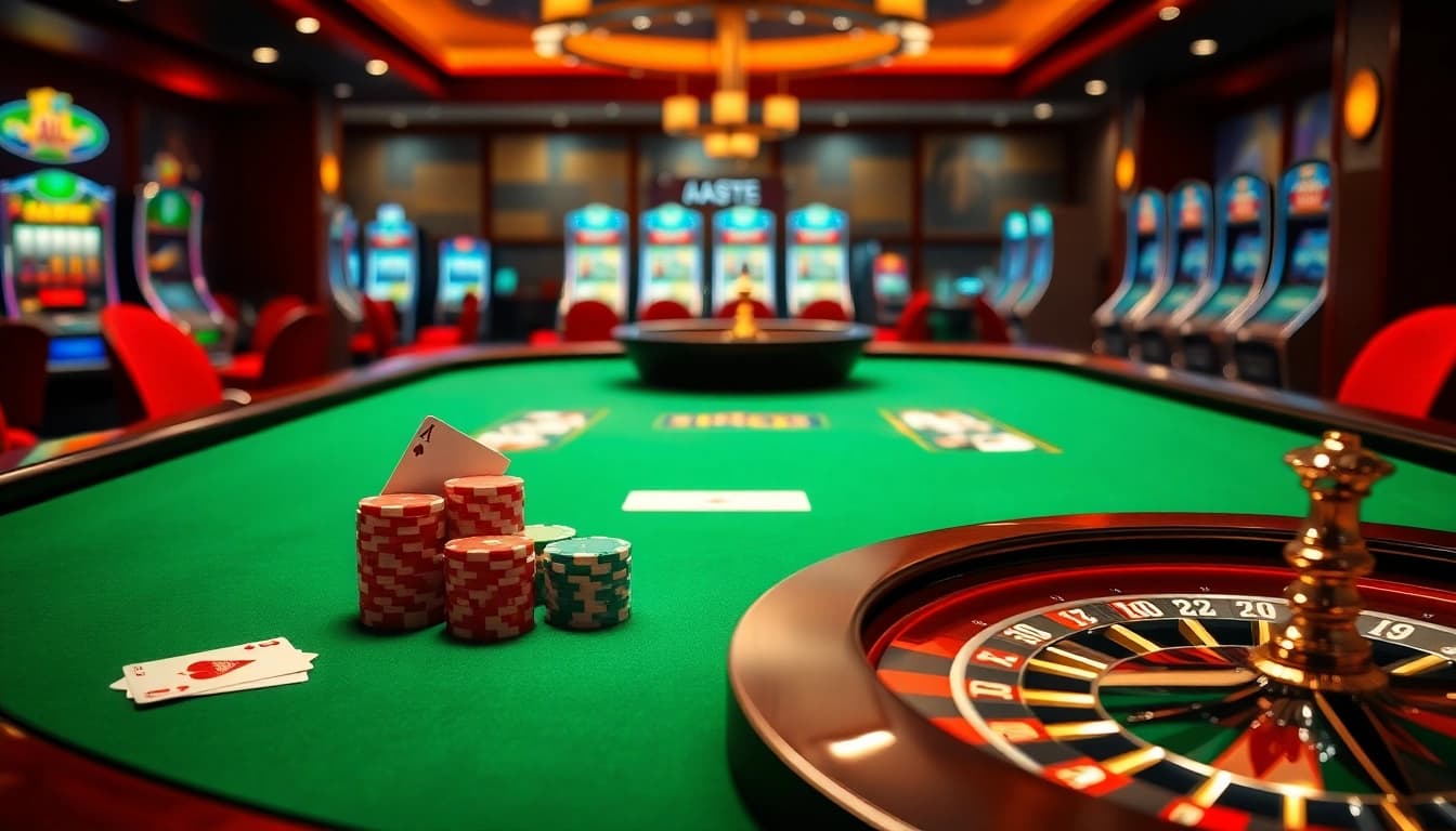 Poker table featuring epic porn games-themed playing cards, vibrant chips, and a roulette wheel in an elegant casino.