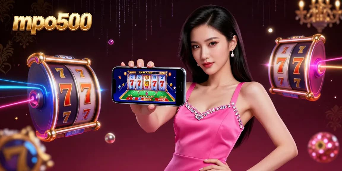 Engage in thrilling live dealer games on mpo500 with a stunning Asian woman showcasing the smartphone interface.