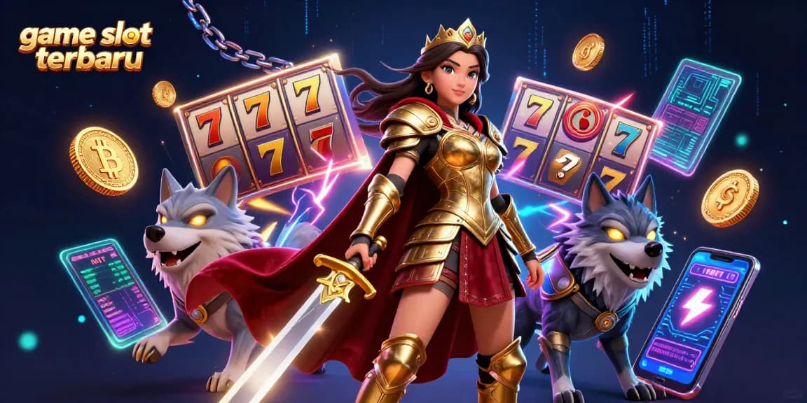 Experience thrilling game slot terbaru with captivating visuals featuring a warrior queen and her wolf companion.