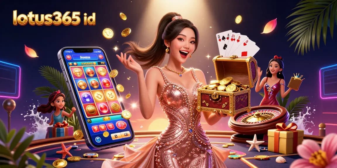 Engage with lotus365 id in this stunning treasure-filled casino illustration showcasing gold coins, gems, and gaming elements.
