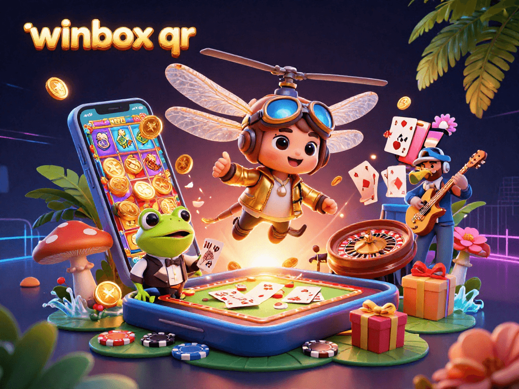Engage with winbox qr in this lively casino scene featuring a frog croupier and vibrant game elements.
