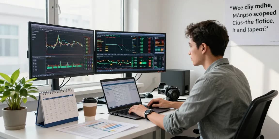 Seorang trader kakakjudi memantau grafik pasar dengan serius di kantor trading yang modern.