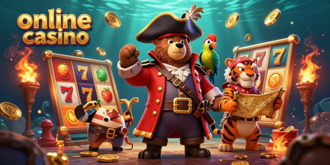 Experience the thrilling atmosphere of an online casino with a pirate bear, tiger, and golden parrot surrounded by slot reels and coins.