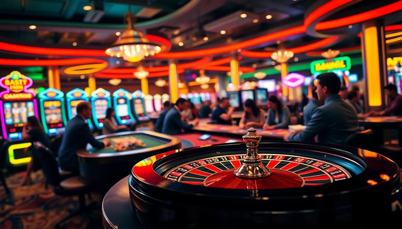 Spieler erleben die Aufregung beim Casinospielen an Roulette-Tischen und Spielautomaten.