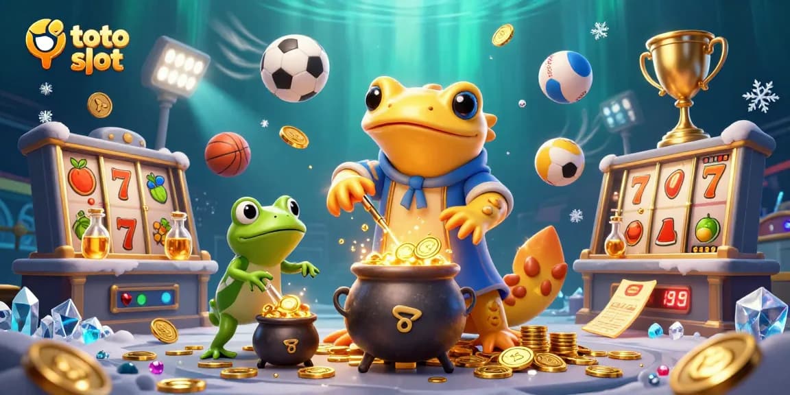 Toto slot champions gather as golden salamander alchemist transforms metals into gold coins, embodying winning spirit.