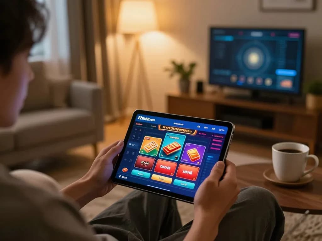 Engaging with the hm88 com online casino app in a cozy home setting, showcasing responsible gaming.