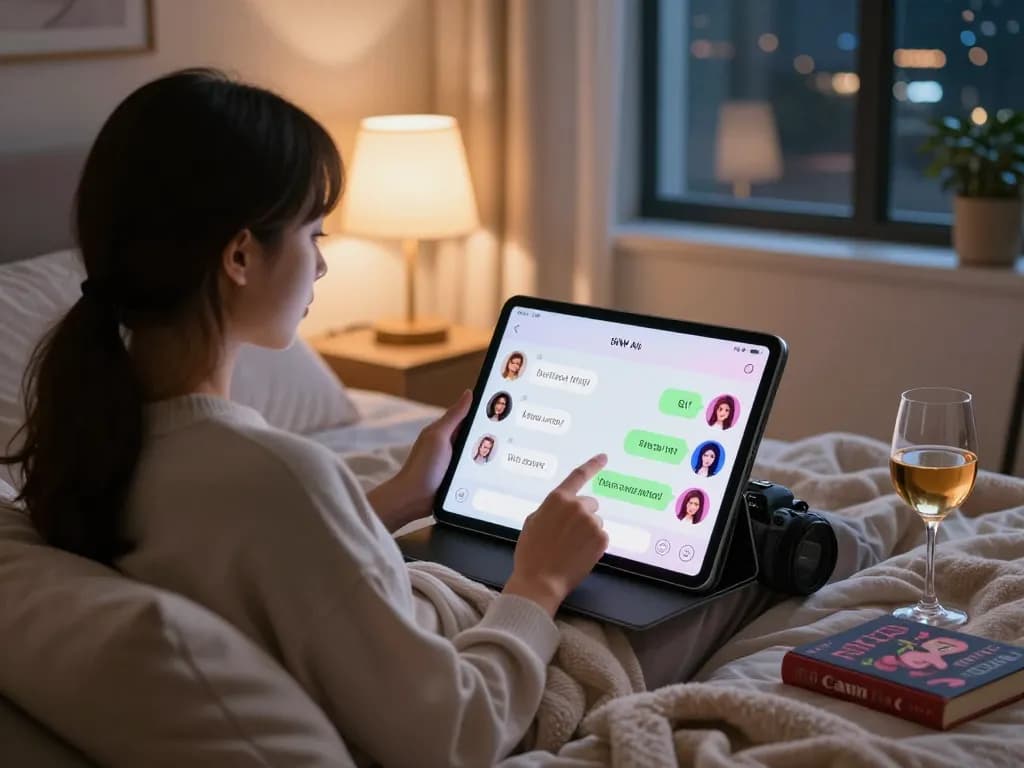 A user interacting with an nsfw ai chatbot on a tablet in a cozy bedroom, illuminated by soft ambient lighting.