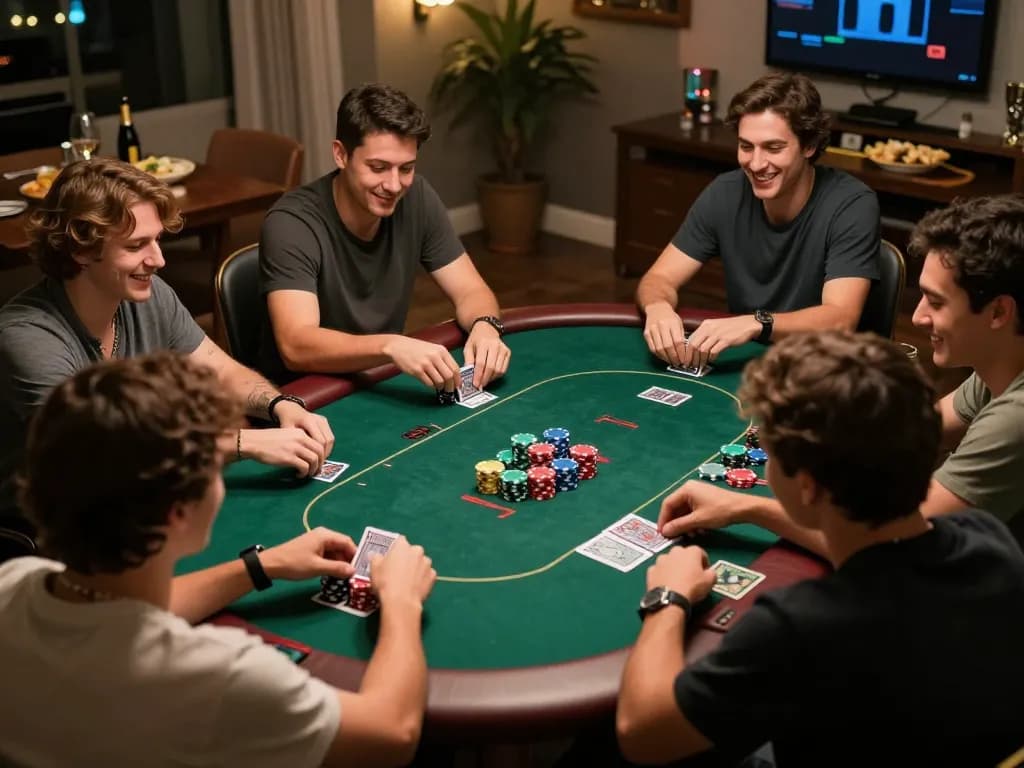 Friends enjoy an engaging poker night playing qq88 at home, with chips and cards highlighting the strategic atmosphere.