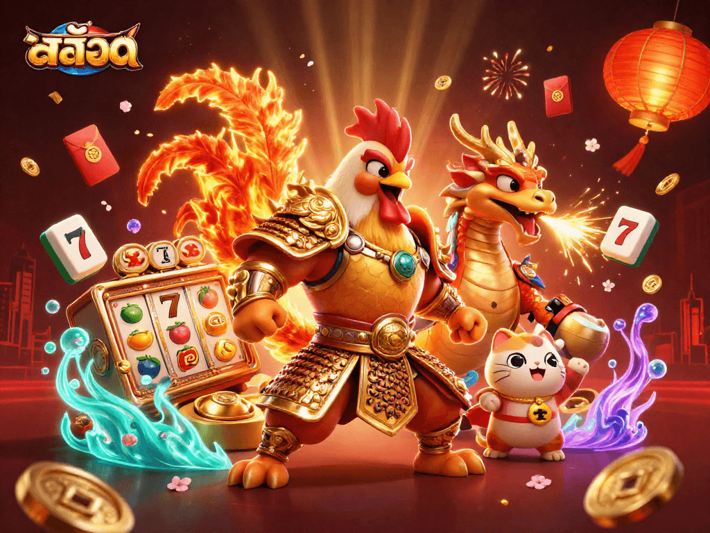 Engage in thrilling สล็อต action with a dynamic scene of a warrior rooster, dragon hatchling, and fortune cat.