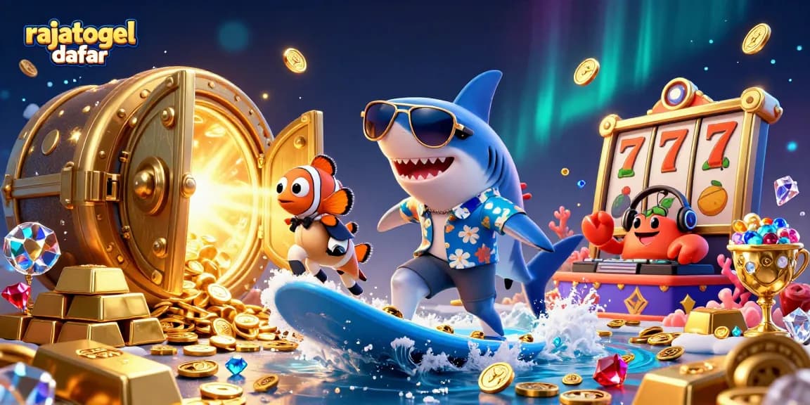 Engage with rajatogel daftar in this lively 3D scene featuring a shark surfing gold coins and casino elements.
