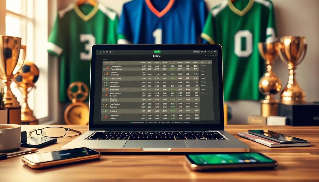 Engaging workspace for online Betting with laptop, betting odds, and sports decor.