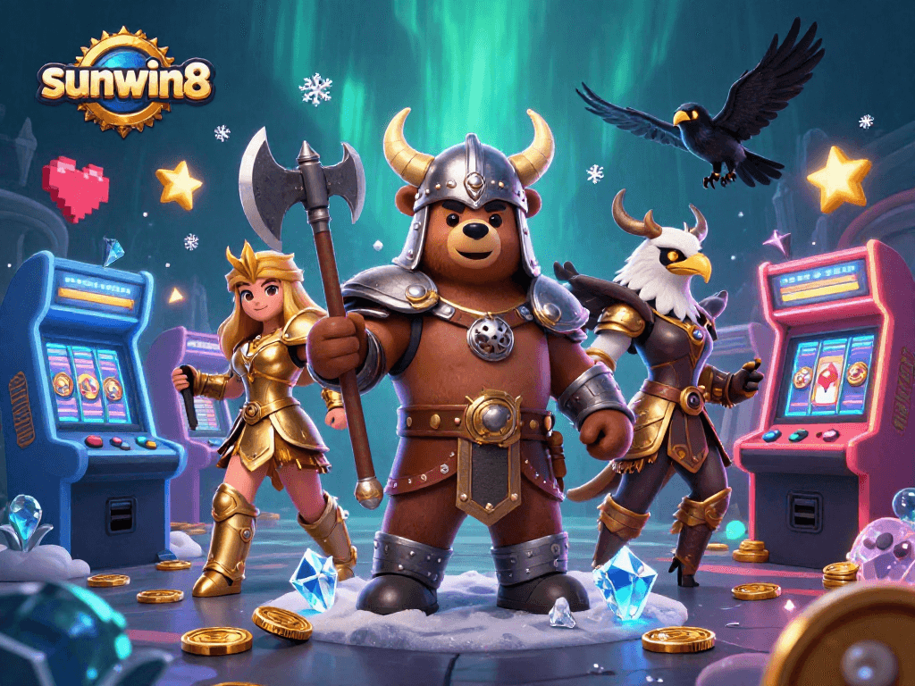 Experience the excitement of sunwin8 gaming with this action-packed illustration showcasing vibrant casino elements and characters.