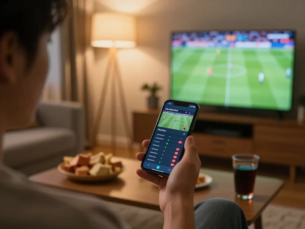 Engaged in kèo bóng đá trực tuyến betting, person using smartphone in cozy living room.