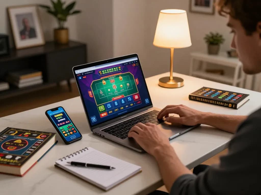 Playing live dealer games on https://cstd88.com/ from a cozy home office with strategic notes and warm lighting.