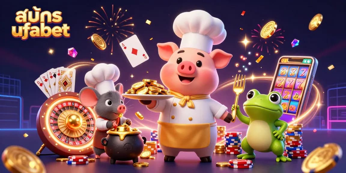 Join the excitement of สมัคร ufabet with a vibrant scene featuring characters and casino elements.
