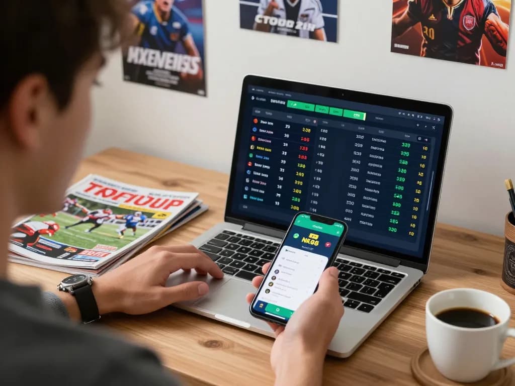 Engaging in real-time sports betting through the NK88 app on a laptop while analyzing live data.