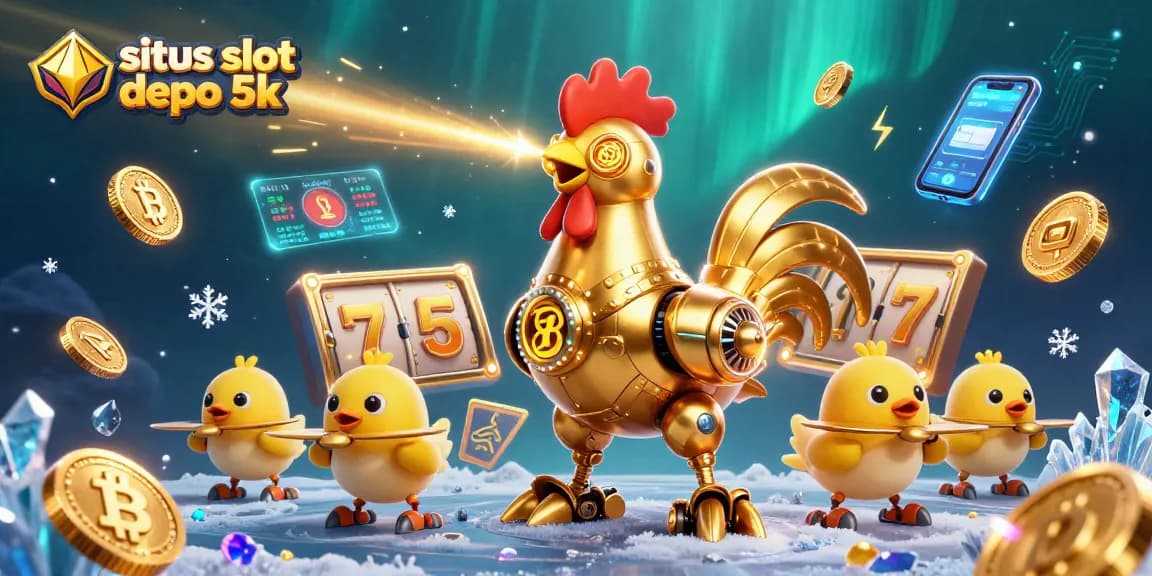 Experience the excitement of situs slot depo 5k with golden rooster robots and slot game elements.