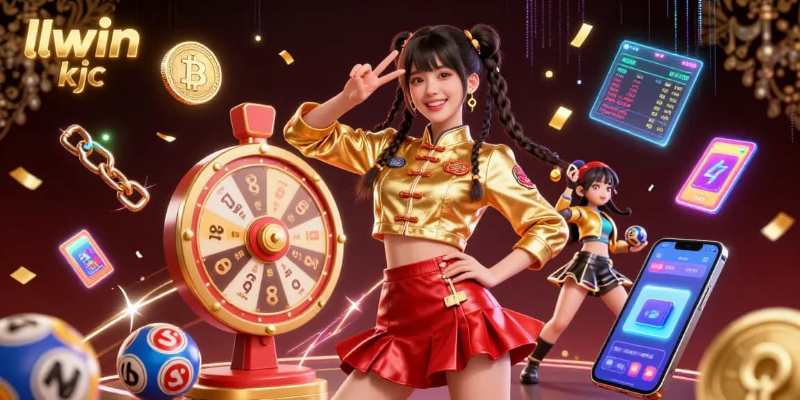 Engage with exciting games at llwin kjc as vibrant characters celebrate around a spinning prize wheel and colorful elements.