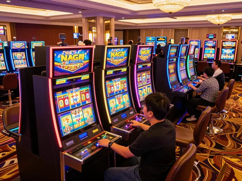 NAGA2000 SLOT machine sparkles as a player hits the spin button, illuminating the vibrant casino atmosphere.