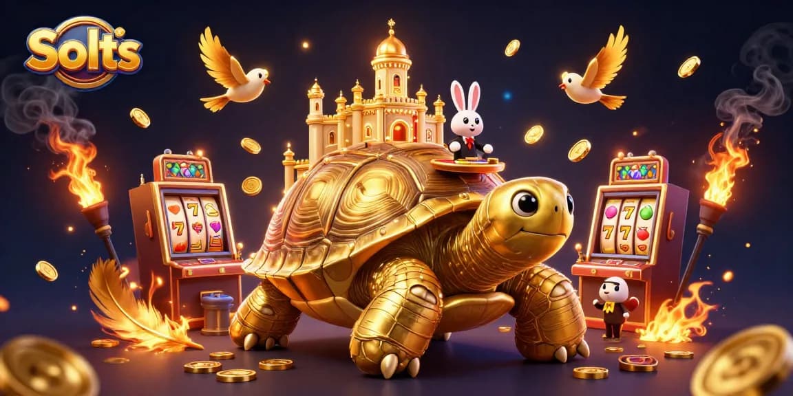 Spin the reels and win big with immersive Slots illustration featuring golden tortoise and lucky symbols.