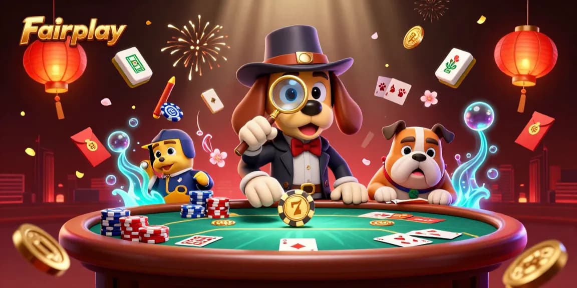 Engage in Fairplay with a thrilling poker scene showcasing a detective and bulldog amidst vibrant casino elements.