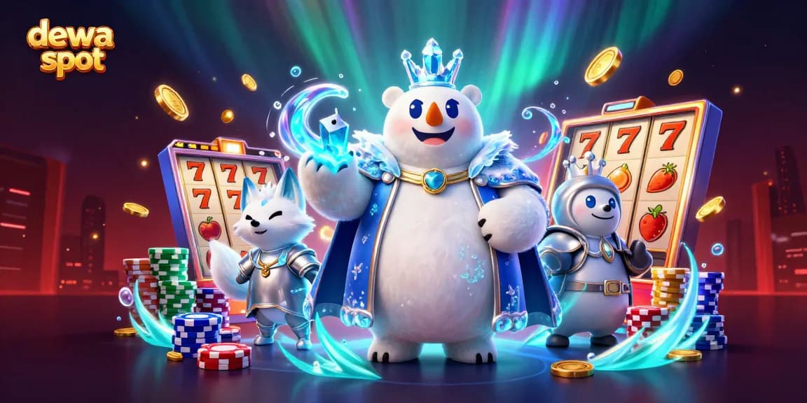 Spin and win on dewa slot with vibrant slot reels, poker chips, and a royal polar bear!