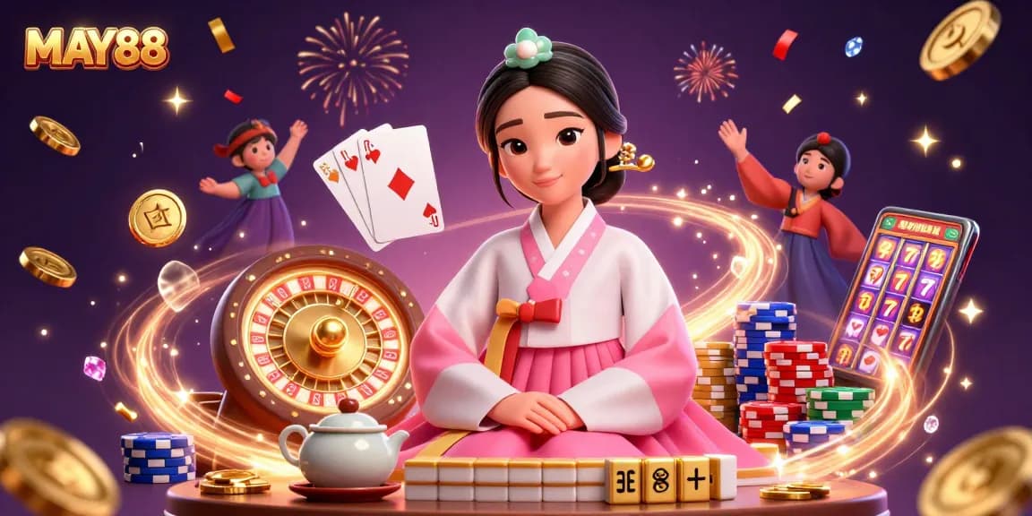 Play winning games at MAY88 with an elegant Asian dealer presenting a captivating casino scene.