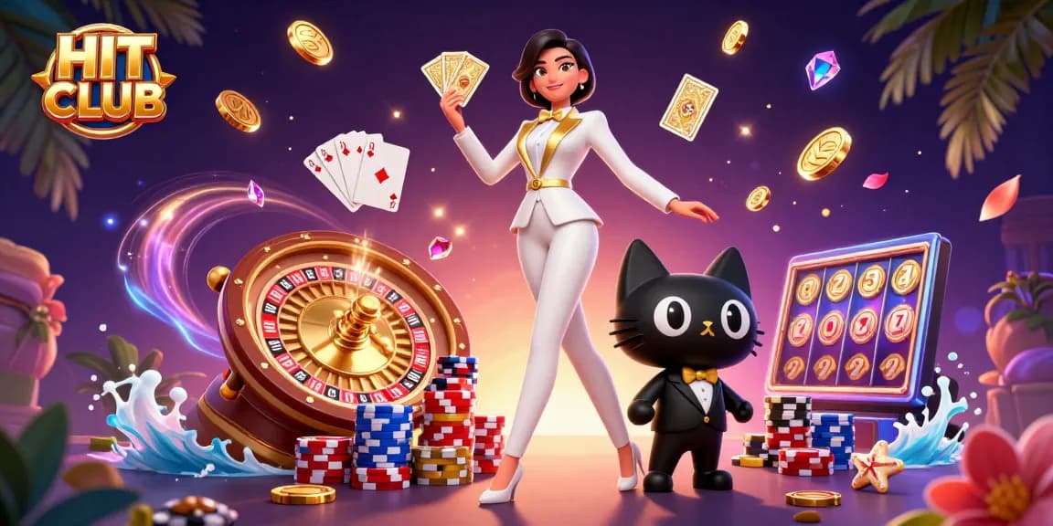 Experience excitement at HIT CLUB with 3D casino action featuring card shuffling and gold coins!