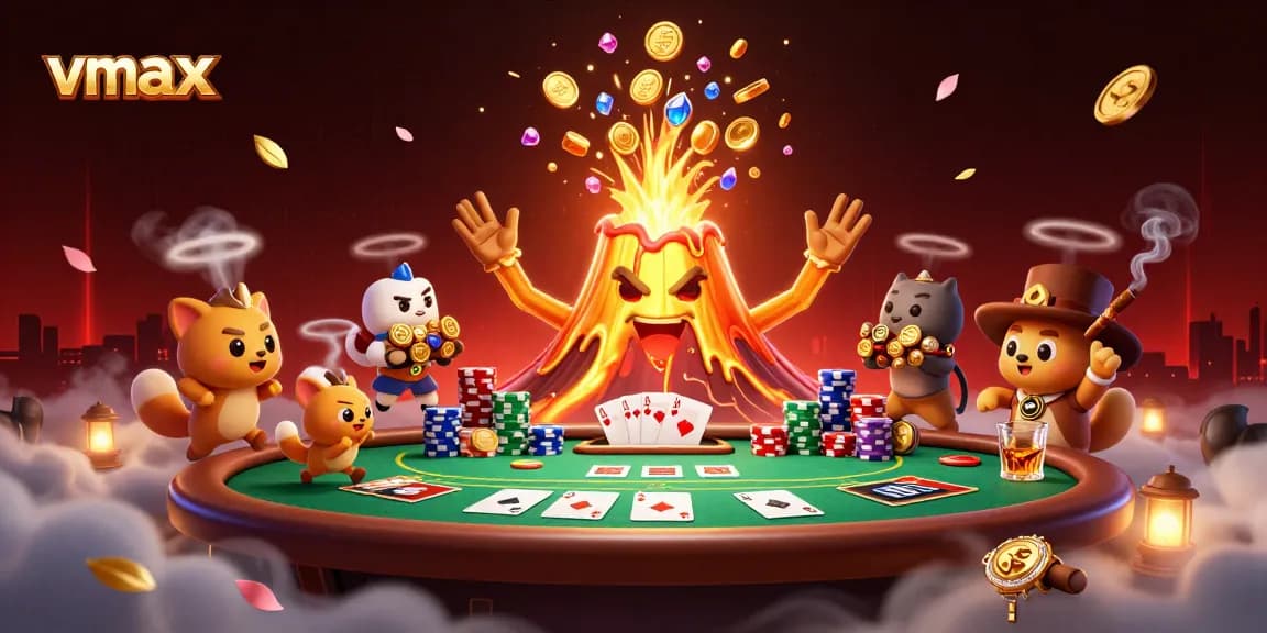Experience vmax gaming excitement with a vibrant illustration of treasure-filled volcanoes and poker chips.