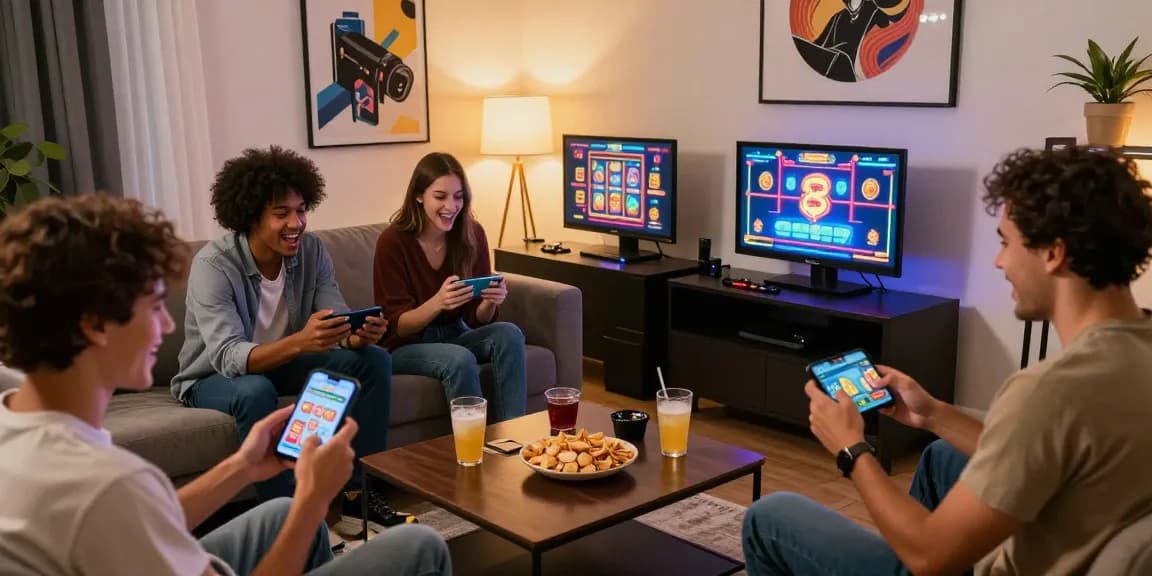Friends enjoying casino esportes da sorte games on mobile devices in a vibrant living room.