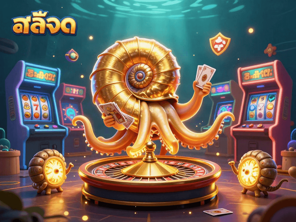 Engage with สล็อต in an ultra-detailed 3D casino scene featuring a nautilus roulette wheel and glowing arcade elements.