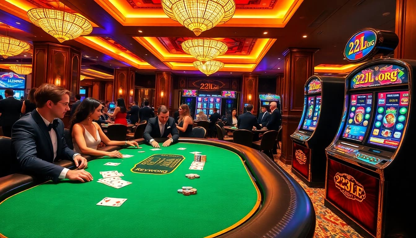 Players enjoying poker at 22jl org with vibrant casino atmosphere and colorful chips.