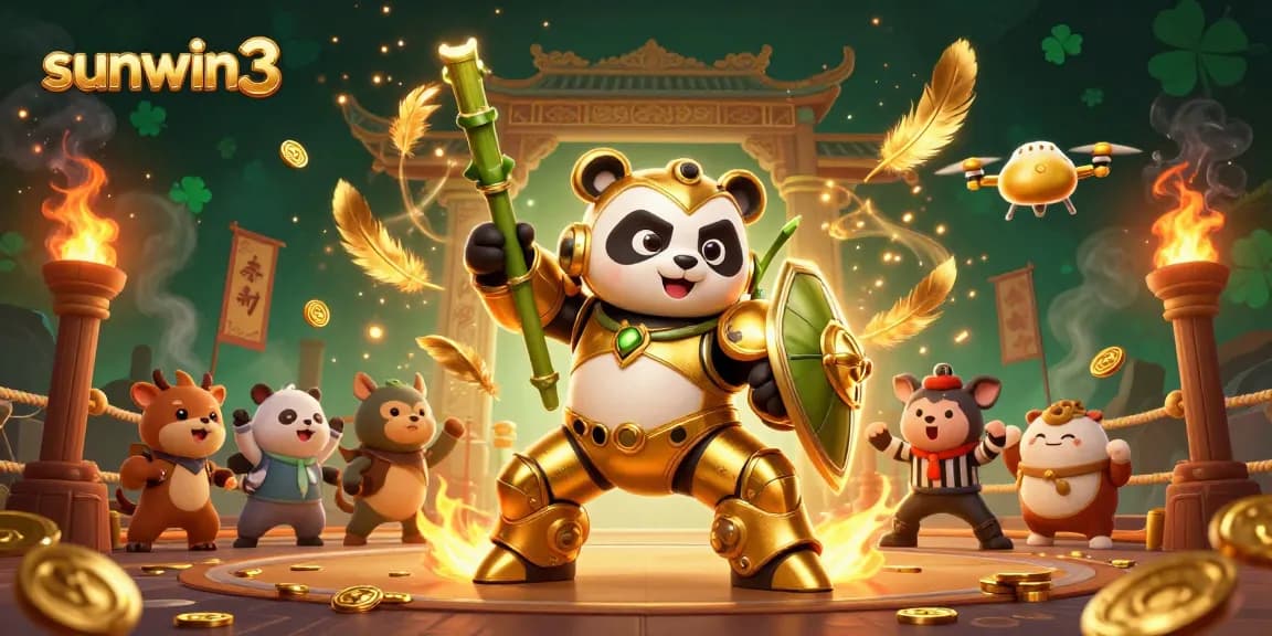 Sunwin3 showcases 3D golden panda in mech-suit battling in an exciting casino arena.